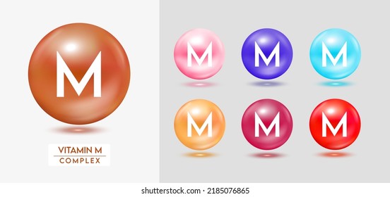 Complejo de vitamina M. Conjunto de bolas coloridas de las cápsulas multivitaminas minerales aislados en el fondo gris. Suplemento dietético para publicidad en farmacia, diseño de paquetes. EPS10 vectores.