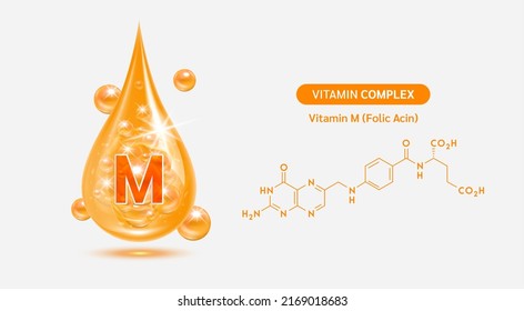 Vitamin M drop and structure isolated on white background. Vitamin solution complex orange balls with bubbles. Beauty treatment nutrition skin care design. Medical scientific concepts. 3D vector.