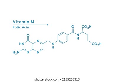 Vitamin M (Folic Acin) structural chemical formula. Medical and scientific concepts. Isolated on white background. Vector EPS10 illustration.