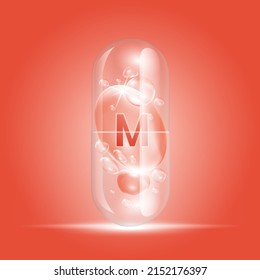 Vitamin M rotes Tropfenwasser in der Kapsel transparent. Kollagen-Vitamine-Komplex mit chemischer Formelnatur. Schönheitsbehandlung Ernährung Hautpflege. Medizinische wissenschaftliche Konzepte. 3D-Realistischer Vektorgrafik.