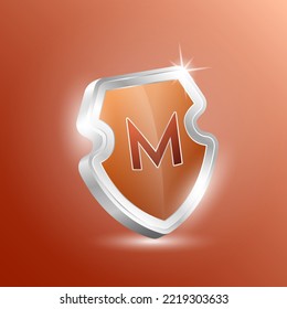 Vitamin M shield protected guard isolated on brown background. Protect the body stay healthy. For nutrition products food and meds for heath flu. Medical concepts. 3D Vector illustration.