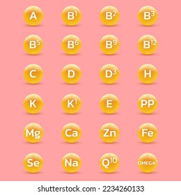 Vitamin, mineral 3d icon set. Nutrition, food supplement design. Multivitamin complex with C, B, E, D vitamins. Vector illustration.