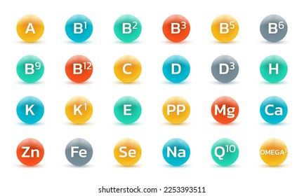 Vitamin, mineral 3d icon set. Nutrition, food supplement design. Multivitamin complex with C, B, E, D vitamins. Vector illustration.