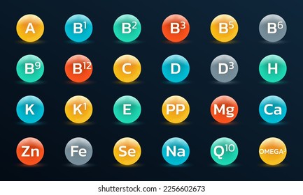 Vitamin, mineral 3d icon set. Nutrition, food supplement design. Multivitamin complex with C, B, E, D vitamins. Vector illustration.