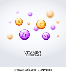 Vitamin mineral colorful elements background. Health care vitamins and minerals concept illustration.