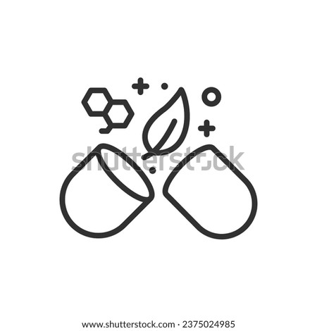 Vitamin mineral complex in capsule, linear icon. Vitamins and biological supplements. Capsule with various supplements inside. Line with editable stroke