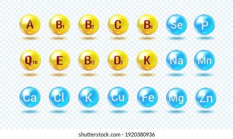 Vitamin and mineral complex. Different color glossy vitamin and mineral pills capsules.