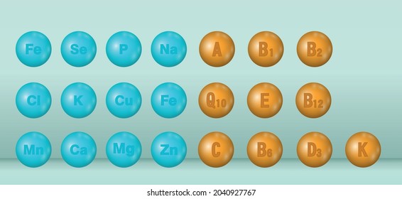 Vitamin and mineral complex. Different color glossy vitamin and mineral pills capsules.