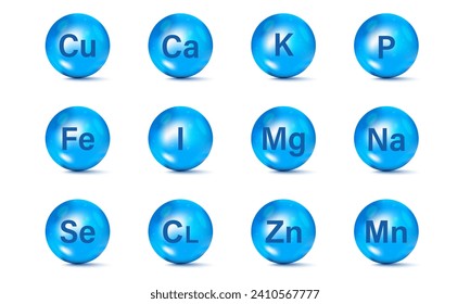 Vitamin and mineral complex. Set of Essential Mineral supplement icons. Minerals and vitamin complex. Calcium Zinc Magnesium Manganese Iron Molybdenite Iodine Cobalt Chromium Copper Potassium Silicon