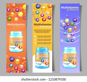 Vitamin And Mineral Complex Vector Banner Set. Multivitamin Falling Balls And Plastic Bottle With Label. Dietary Supplement With Vitamins And Minerals.