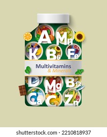 Complemento alimenticio de vitamina y mineral en el diseño de botellas vectoriales. Ilustración de embalaje antioxidantes. Dieta saludable, concepto de bienestar y medicación. Diseño de origami de artesanía de corte de papel