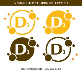 Vitamin, mineral icon. Set of flat yellow vitamin D3 vector. Golden vitamin mineral D3 capsule. Nutrition, food supplement design. Multivitamin complex Vitamins capsules. Dietary supplement pharmacy