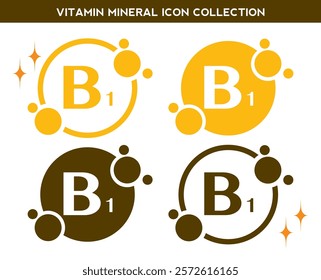 Vitamin, mineral icon. Set of flat yellow vitamin B1 vector. Golden vitamin mineral B1 capsule. Nutrition, food supplement design. Multivitamin complex Vitamins capsules. Dietary supplement pharmacy