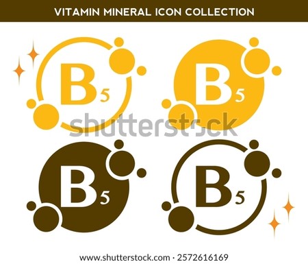 Vitamin, mineral icon. Set of flat yellow vitamin B5 vector. Golden vitamin mineral B5 capsule. Nutrition, food supplement design. Multivitamin complex Vitamins capsules. Dietary supplement pharmacy