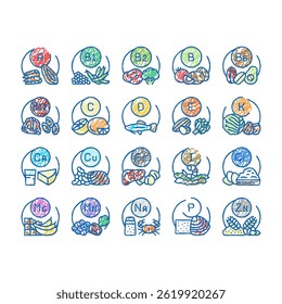 Vitamin Mineral Medical Complex doodle icons set vector. Healthy Vitamin C A, Healthcare Extract With Calcium Zink. Multivitamin Vegetable, Fruit, Meat Seafood  sketch hand drawn