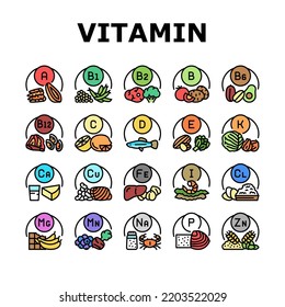 Vitamin Mineral Medical Complex Icons Set Vector. Healthy Vitamin C And A, Healthcare Extract With Calcium And Zink. Multivitamin Vegetable, Fruit, Meat And Seafood Color Illustrations