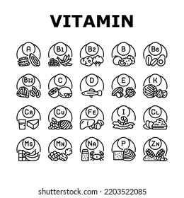 Vitamin Mineral Medical Complex Icons Set Vektor. Gesundes Vitamin C und A, Gesundheitsversorgung extrahieren mit Calcium und Zink. Multivitamin-, Gemüse-, Obst-, Fleisch- und Meeresfrüchte Schwarze Kontrastbilder