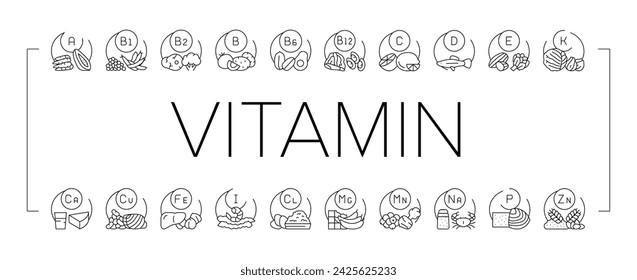 Vitamin Mineral Medical Complex Icons Set Vector. Healthy Vitamin C And A, Healthcare Extract With Calcium And Zink. Multivitamin Vegetable, Fruit, Meat And Seafood Black Contour Illustrations