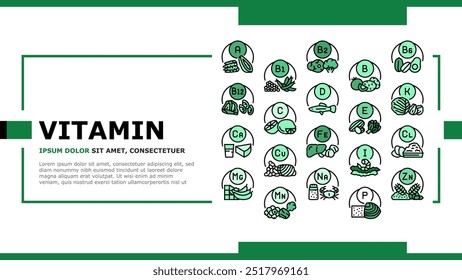 Vitamin Mineral Medical Complex Landing Web Page Vector. Healthy Vitamin C And A, Healthcare Extract With Calcium And Zink. Multivitamin Vegetable, Fruit, Meat And Seafood Illustration