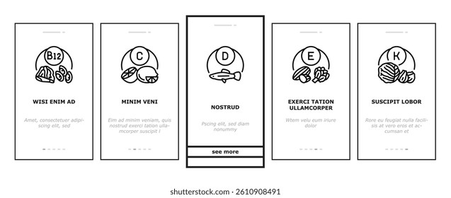Vitamin Mineral Medical Complex onboarding mobile vector. Healthy Vitamin C And A, Healthcare Extract With Calcium And Zink. Multivitamin Vegetable, Fruit, Meat And Seafood Color Illustrations