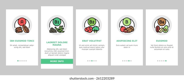 Vitamin Mineral Medical Complex onboarding mobile vector. Healthy Vitamin C And A, Healthcare Extract With Calcium And Zink. Multivitamin Vegetable, Fruit, Meat And Seafood Color Illustrations