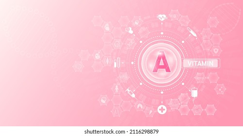 Vitamin A and Mineral supplements complex pharmaceutical capsule. Vitamins food sources and functions. Health care and science icon pattern medical innovation. On a pink background. Vector EPS 10.