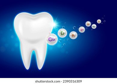 Vitamin mineral template for teeth Nutrients necessary for healthy bones and teeth Helps strengthen bones Medical and health concepts. Realistic vector illustration.