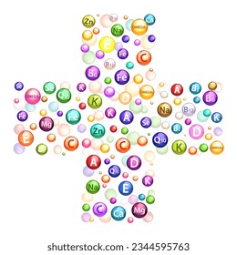 Vitamin and minerals bubbles forming shape of medical cross vector poster. Preventive medicine, alternative treatment illustration