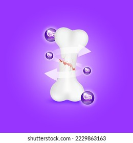 Vitamin minerals Calcium (Ca) circle ball help strengthen bone not to be broken or decay on purple background. Skeleton x ray scan concept. Healthy knee.Medical or healthcare. 3D Realistic Vector.