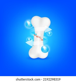 Vitamin minerals E help strengthen bone not to be broken or decay. Isolated on blue background. Skeleton x ray scan concept. Healthy knee bone.Medical or healthcare. 3D Realistic Vector.