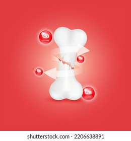 Vitamin minerals Icon Calcium (Ca) circle ball red help strengthen bone not to be broken or decay on red background. Skeleton x ray scan concept. Healthy knee bone.Medical or healthcare 3D Realistic.