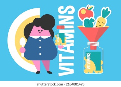 Vitamin mix in plastic box vector illustration. Complex of healthy minerals for body flat style. Healthcare, bone growth, supplement concept