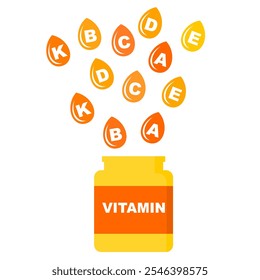 Vitamin or Multivitamin supplement liquify or water drop with orange bottle cartoon style icon clip art vector illustration. multivitamin A B C D E K