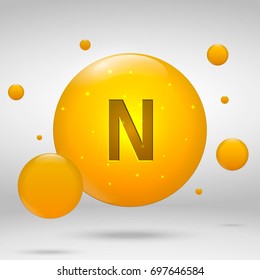 Vitamin N gold icon. Retinol drop pill capsule. Vitamin complex design
