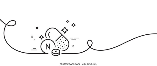 Vitamin N line icon. Continuous one line with curl. Lipoic acid food nutrient sign. Capsule or pill supplement symbol. Vitamin N single outline ribbon. Loop curve pattern. Vector