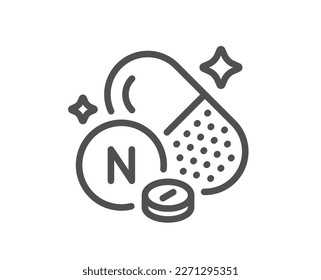 Vitamin N line icon. Lipoic acid food nutrient sign. Capsule or pill supplement symbol. Quality design element. Linear style vitamin N icon. Editable stroke. Vector