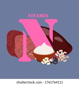 Vitamin N rich food vector illustration on the blue background.
