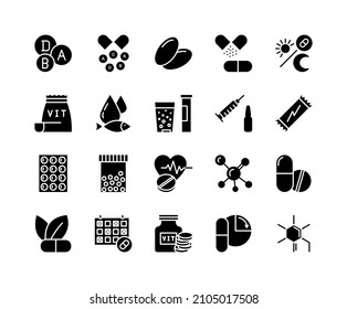 Vitamin nutrition flat line icons set. Healthy food supplement - Vitamin, Mineral supplement, Pill, Bottle, health food. Simple flat vector illustration for web site or mobile app.