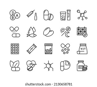 Vitamin nutrition  flat line icons set. Healthy food supplement - Vitamin, Mineral supplement, Pill, Bottle, health food. Simple flat vector illustration for web site or mobile app. svg