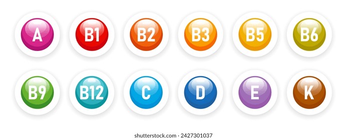 Vitamin nutrition icon set. The concept of healthcare and medicine. Healthy food infographic. Vitamins a, B, b1, b2, b3, b5, b6, b9, b12, c, d, e, k