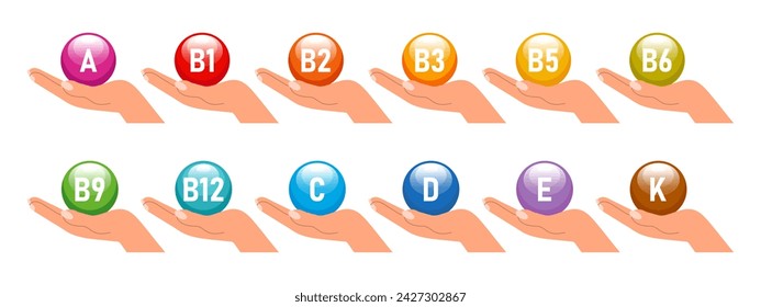 Conjunto de iconos de nutrición vitamínica. El concepto de salud y medicina. Infografía de comida saludable. Vitaminas a, B, b1, b2, b3, b5, b6, b9, b12, c, d, e, k