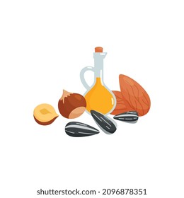 Vitamin nutrition rich in fats, proteins. Almonds, hazelnuts, sunflower seeds, olive oil or vegetable oil in flat vector illustration isolated on white background. Food for healthy diet