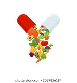 Vitamin nutritious complex in open capsule. Fruits, vegetables contain minerals, multivitamins, antioxidants. Disease prevention in daily dosage of pills in flat vector illustration isolated on white