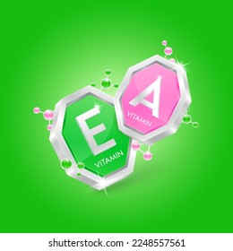 Vitamina A en forma de octógono rosa y vitamina E verde con la órbita de la molécula átomo química alrededor. Logotipo 3D etiqueta nutricional plata. Utilizado para productos de diseño de alimentos y medicinas. Vector aislado.