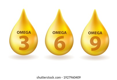 Vitamin Omega 3, 6, 9 drop realistic 3d style. Fish fat. Healthy lifestyle vector concept