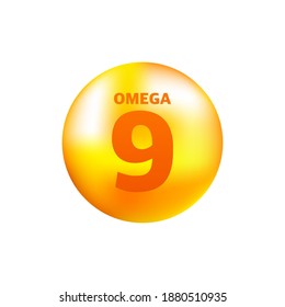 Vitamin omega 9 with realistic drop on gray background. Particles of vitamins in the middle. Vector illustration.