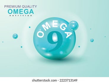 Vitamin Omega 9 vector illustration. Vitamin Omega-9 Fatty Acids shining pill. Omega-9. Vitamin complex with Chemical formula Dietary supplement. Shining substance drop. Omega-9