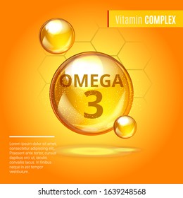 Vitamin Omega-3 Fatty Acids gold shining pill capsule icon . Vitamin complex with Chemical formula Dietary supplement .Shining golden substance drop or essence droplet. Meds for health ads. Vector 