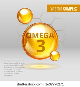 Vitamin Omega-3 Fatty Acids gold shining pill capsule icon . Vitamin complex with Chemical formula Dietary supplement .Shining golden substance drop or essence droplet. Meds for health ads. Vector 