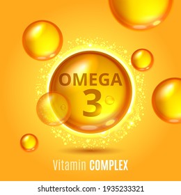 Vitamin Omega-3 Fatty Acids gold shining pill capsule icon . Vitamin complex with Chemical formula Dietary supplement .Shining golden substance drop or essence droplet. Meds for health ads. Vector.